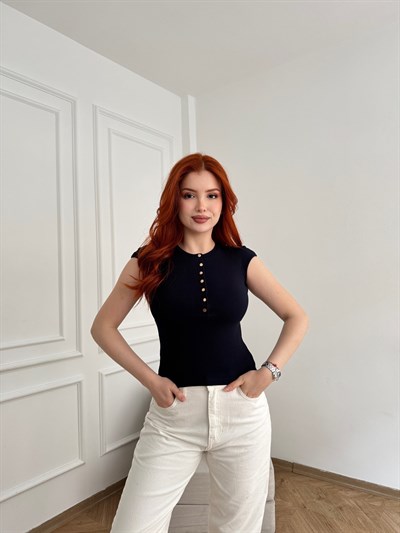 Çıtçıt Düğmeli Kısa Kollu Bluz Koyu lacivert