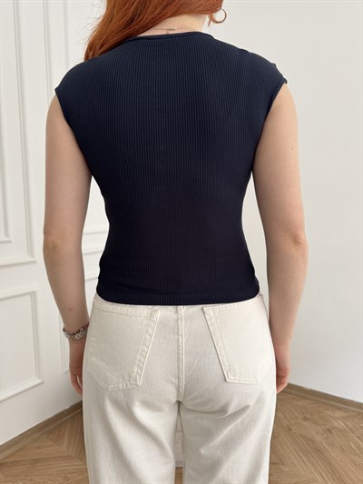 Çıtçıt Düğmeli Kısa Kollu Bluz Koyu lacivert