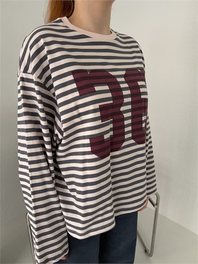 Çizgili 36 Baskılı Sweatshırt Antrasit-pembe