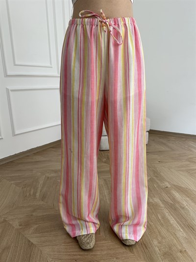Çizgili Bol Paça Boncuk Detaylı Pantolon Pembe