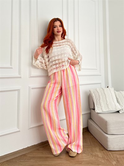 Çizgili Bol Paça Boncuk Detaylı Pantolon Pembe