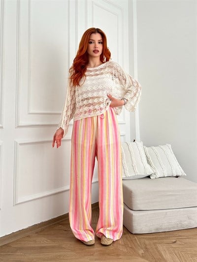 Çizgili Bol Paça Boncuk Detaylı Pantolon Pembe