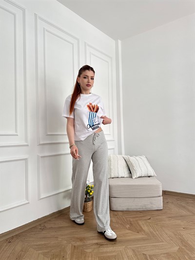 Çizgili Bol Paça Penye Pantolon Ekru-gri