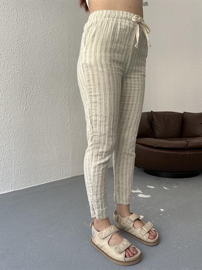 Çizgili Dar Paça Keten Pantolon Yeşil