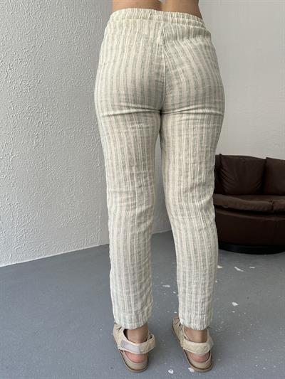 Çizgili Dar Paça Keten Pantolon Yeşil