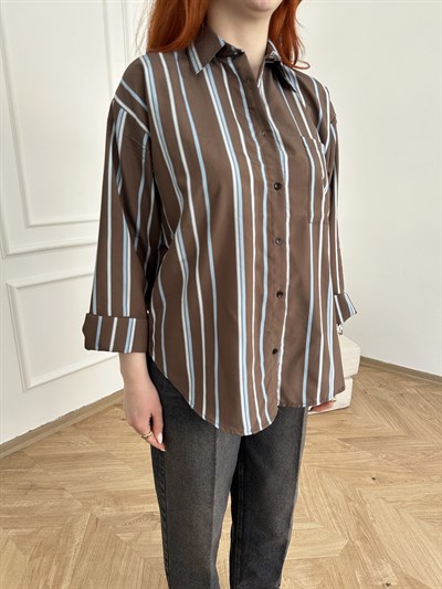 Çizgili Oversize Gömlek Kahve-mavi