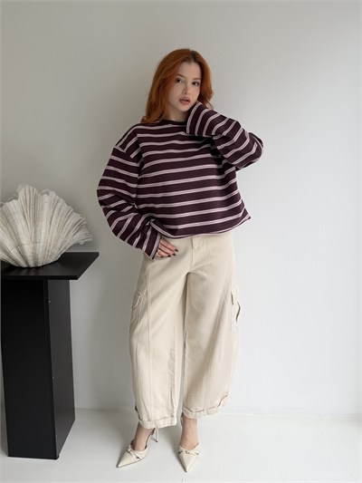 Çizgili Oversize Sweatshırt Bordo