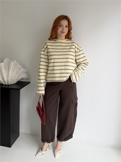 Çizgili Oversize Sweatshırt Sarı