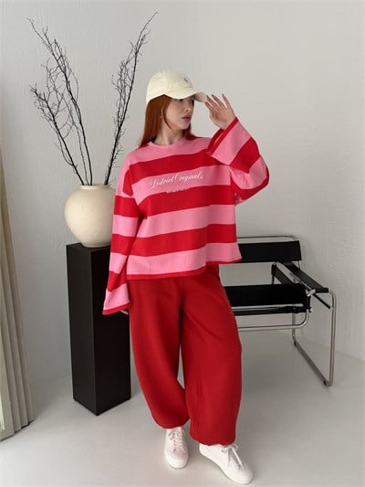 Çizgili Salaş Sweatshırt Pembe-kırmızı