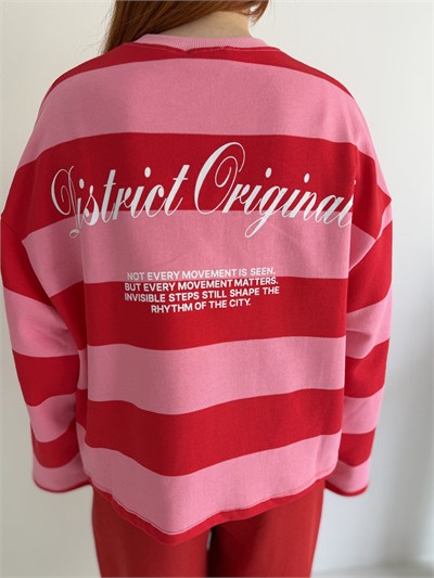 Çizgili Salaş Sweatshırt Pembe-kırmızı