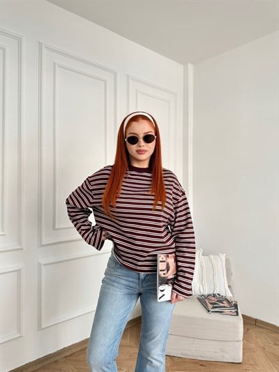 Çizgili Sweatshirt Bordo-ekru