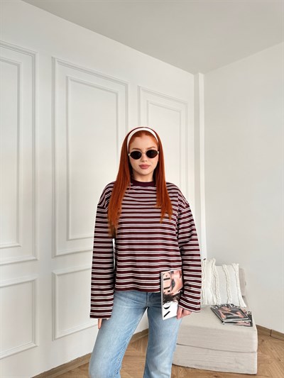 Çizgili Sweatshirt Bordo-ekru