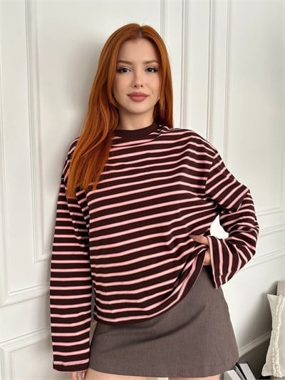 Çizgili Sweatshirt Kahve-pembe