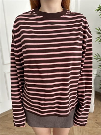 Çizgili Sweatshirt Kahve-pembe