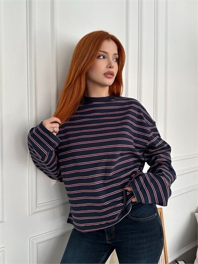 Çizgili Sweatshirt Lacivert-kırmızı