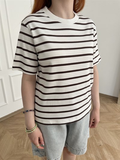 Çizgili T-shirt Ekru-kahve