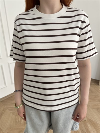 Çizgili T-shirt Ekru-kahve