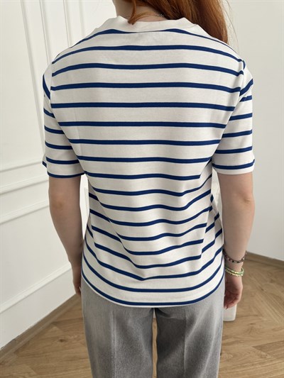 Çizgili T-shirt Ekru-sax
