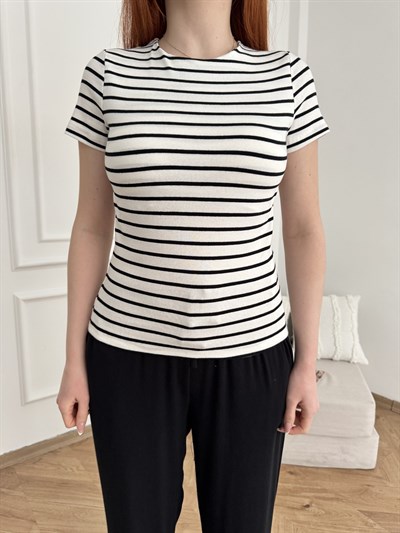 Çizgili T-shirt Ekru-siyah