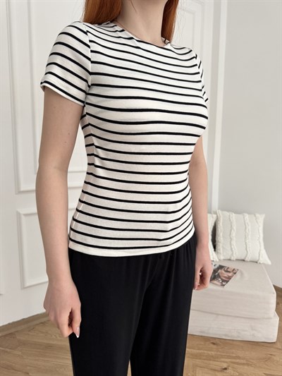 Çizgili T-shirt Ekru-siyah