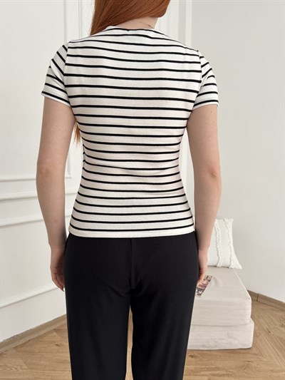 Çizgili T-shirt Ekru-siyah