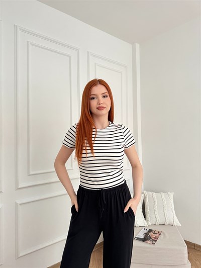 Çizgili T-shirt Ekru-siyah