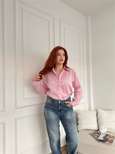 Çizgili Transparan Gömlek Pembe