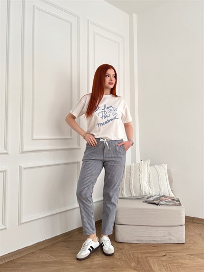 Çizgili Yan Cep Double Paça Premium Pantolon Lacivert
