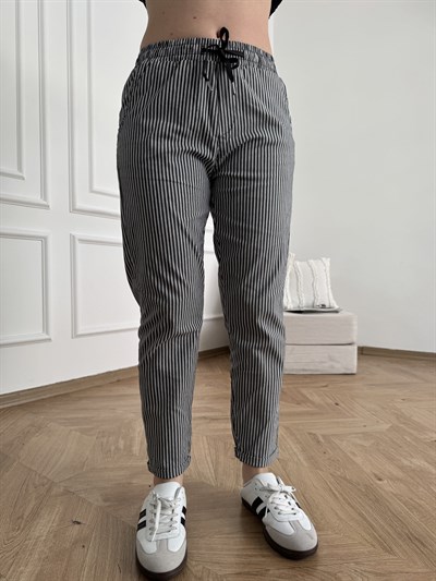 Çizgili Yan Cep Double Paça Premium Pantolon Siyah
