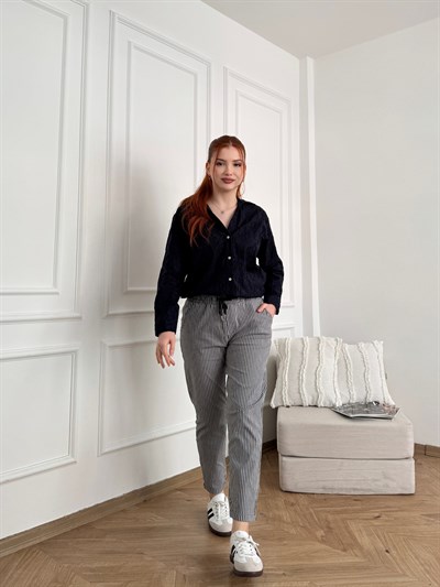 Çizgili Yan Cep Double Paça Premium Pantolon Siyah