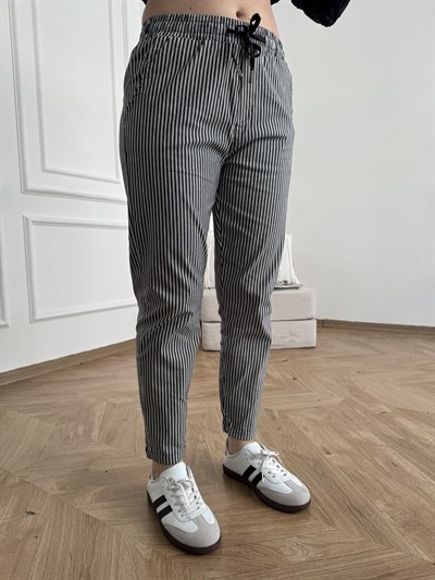 Çizgili Yan Cep Double Paça Premium Pantolon Siyah
