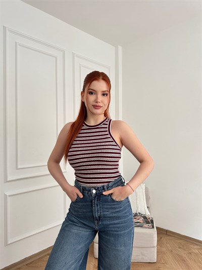 Çizgili Yumuşak Dokulu Atlet Bordo-ekru