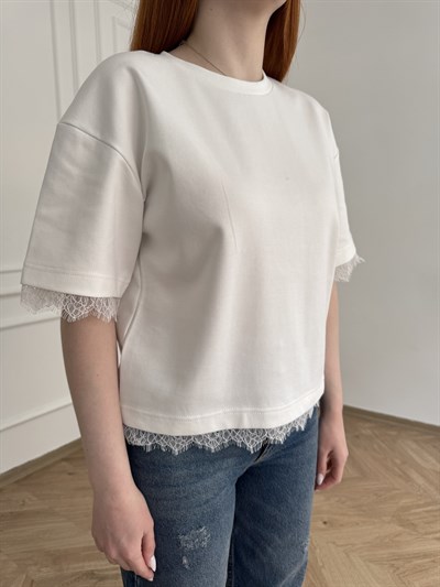 Dantel Detay Kısa Kol T-shirt Ekru