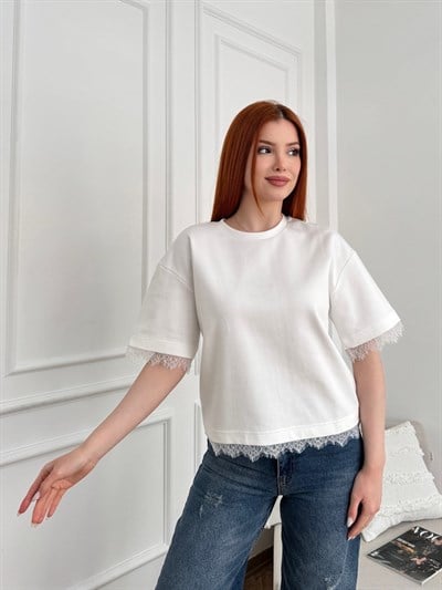 Dantel Detay Kısa Kol T-shirt Ekru