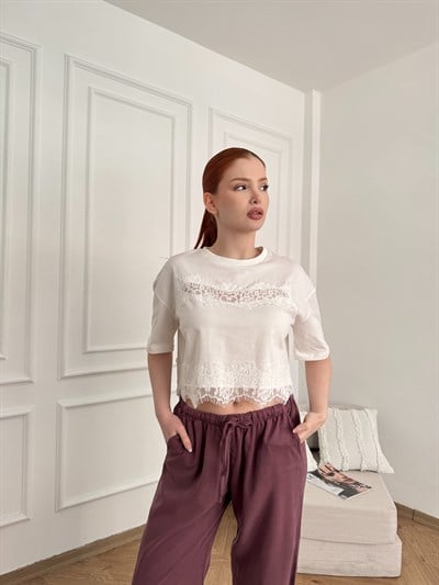 Dantel Detay Kısa Kol T-shirt Ekru