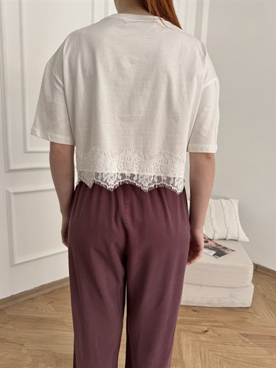Dantel Detay Kısa Kol T-shirt Ekru
