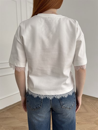 Dantel Detay Kısa Kol T-shirt Ekru