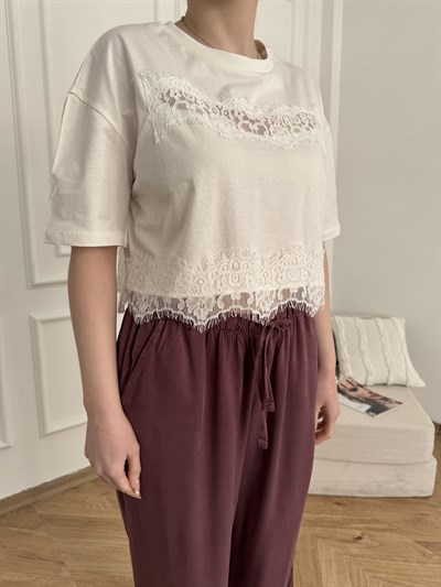 Dantel Detay Kısa Kol T-shirt Ekru