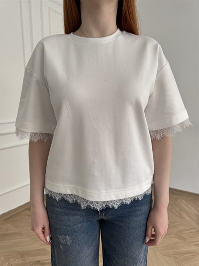 Dantel Detay Kısa Kol T-shirt Ekru