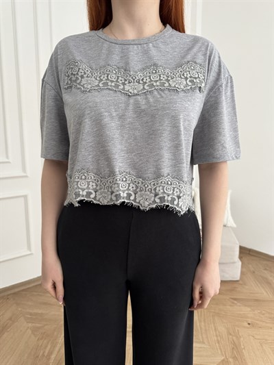 Dantel Detay Kısa Kol T-shirt Gri