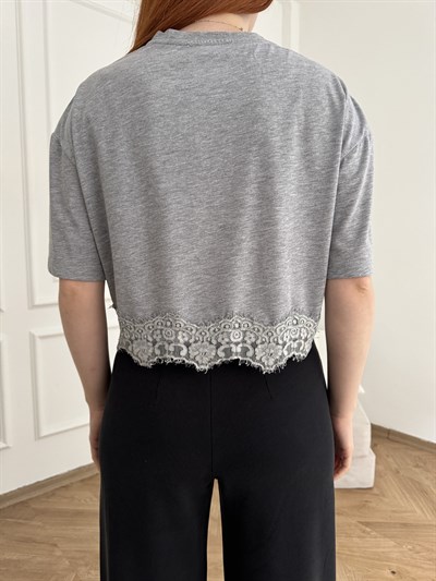 Dantel Detay Kısa Kol T-shirt Gri