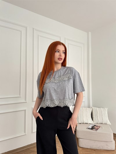 Dantel Detay Kısa Kol T-shirt Gri