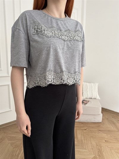 Dantel Detay Kısa Kol T-shirt Gri