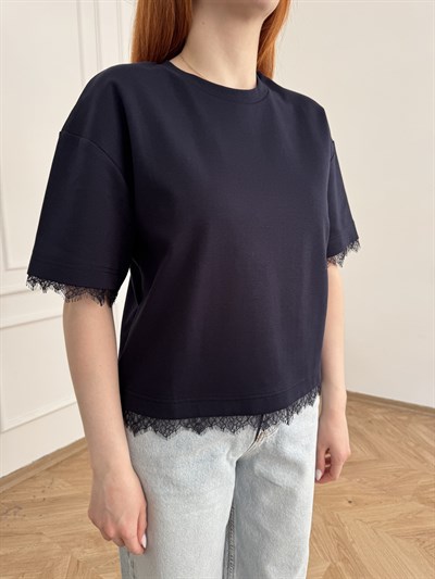 Dantel Detay Kısa Kol T-shirt Lacivert