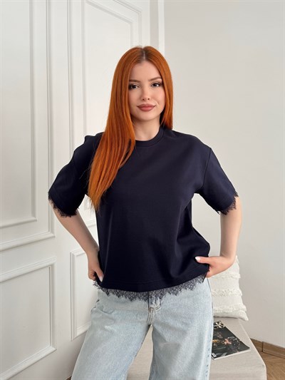Dantel Detay Kısa Kol T-shirt Lacivert