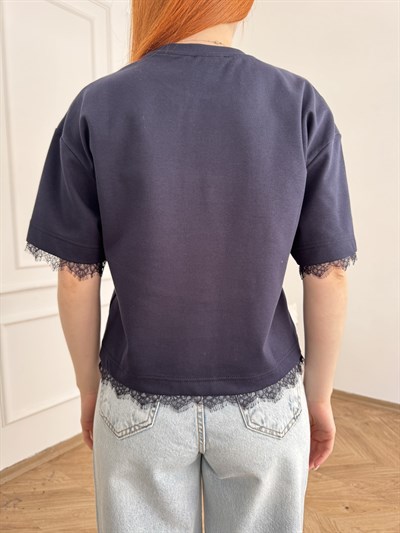 Dantel Detay Kısa Kol T-shirt Lacivert