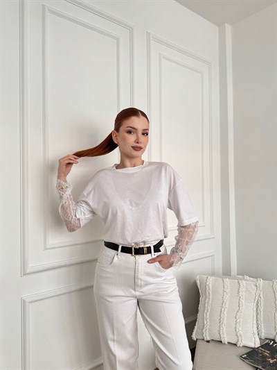 Dantel Garnili Basic Tişört Ekru
