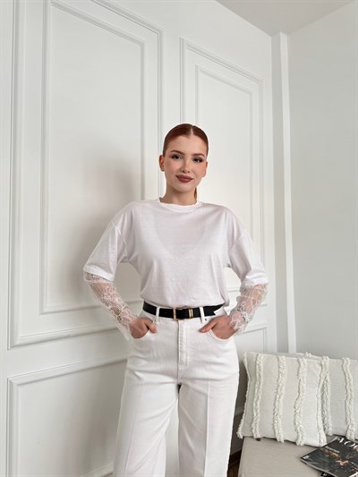 Dantel Garnili Basic Tişört Ekru