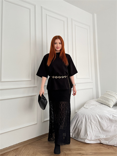Dantel Midi Etek Siyah
