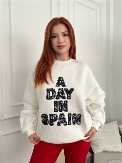 Dantel Nakışlı Sweatshirt Ekru